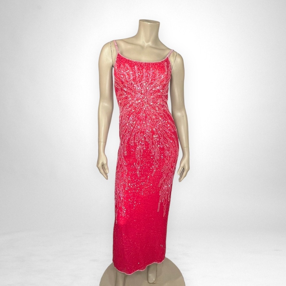 Vintage ADRIANNA PAPELL 4 Pink Sequin Silk Maxi Dress Party Cocktail Barbiecore
